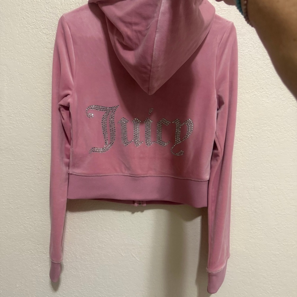 Juicy Couture Pink Velour Rhinestone Logo Zip Up Hoodie XS RN114186 Y2K Cropped‎ - Picture 7 of 12